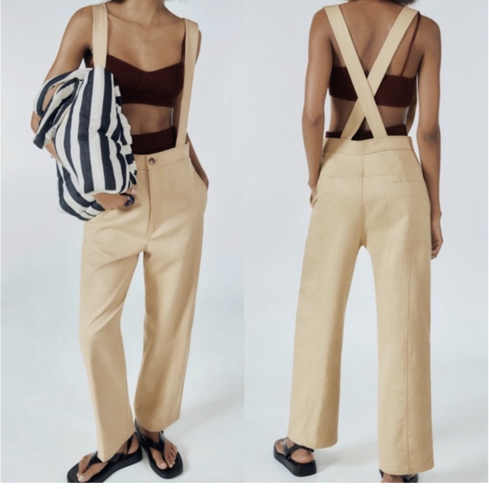 Zara Lyocell & Cotton Women's High Waisted Pants with Suspenders in Tan Size S